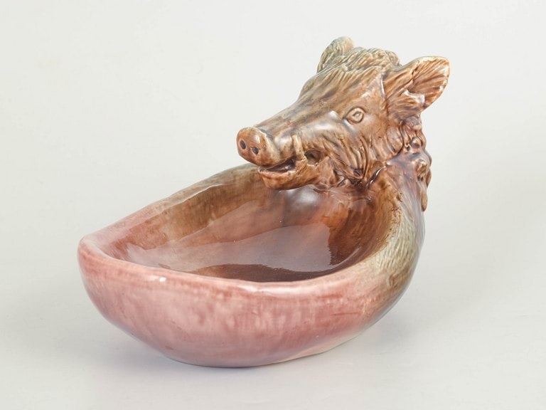 Höganäs, Sweden. Stoneware wild boar bowl in warm brown and pink tones. Approx. 1920s. (1 of 4)