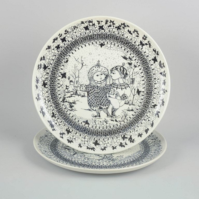 Bjørn Wiinblad for Nymølle, Denmark. Two large faience dishes â€œThe: Bjørn Wiinblad for Nymølle, two large faience dishes â€œThe Seasonsâ€ winter and spring. Decorative round faience dishes with black line decoration in Bj