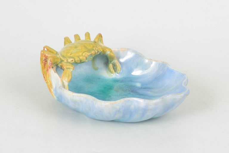 Scandinavian art nouveau ceramic bowl with a wavy rim and integrated crab motif. Approx. 1910s. (1 of 4)