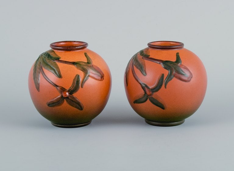Ipsen's, Denmark. Two small vases with glaze in orange-green shades. (1 of 7)