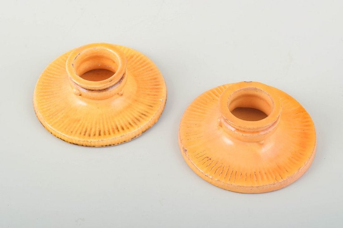 Svend Hammershøi for Kähler, Denmark. Two low, round ceramic candlesticks with broad bases - 2