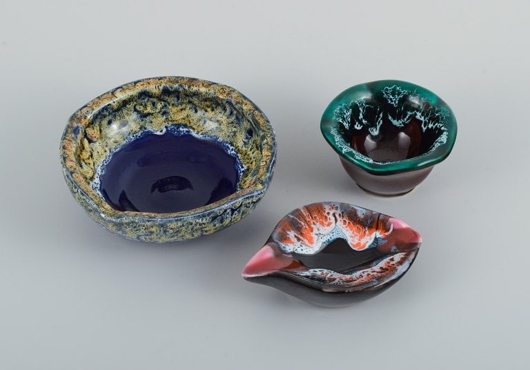 Vallauris, France, three ceramic bowls in brightly colored glazes. (1 of 9)