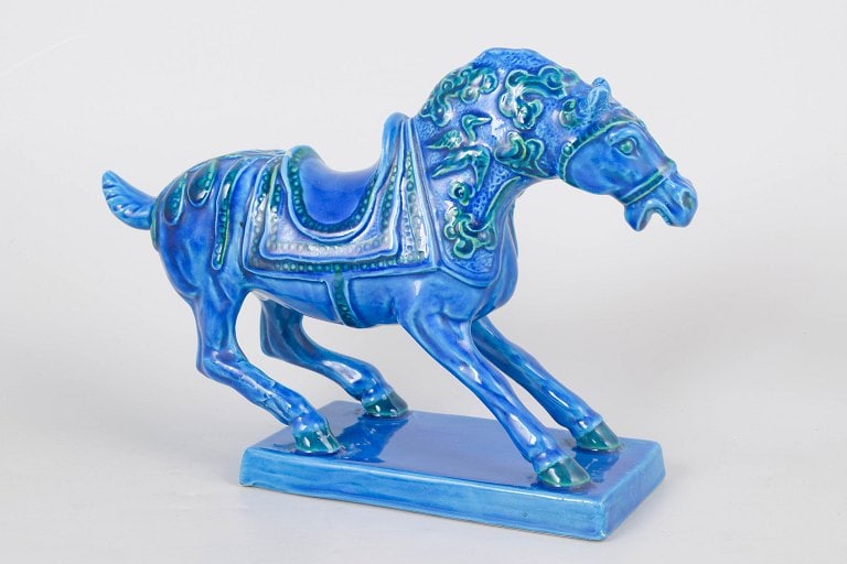 Aldo Londi for Bitossi, Italy. Large azure blue ceramic horse sculpture with textured surface. - 3