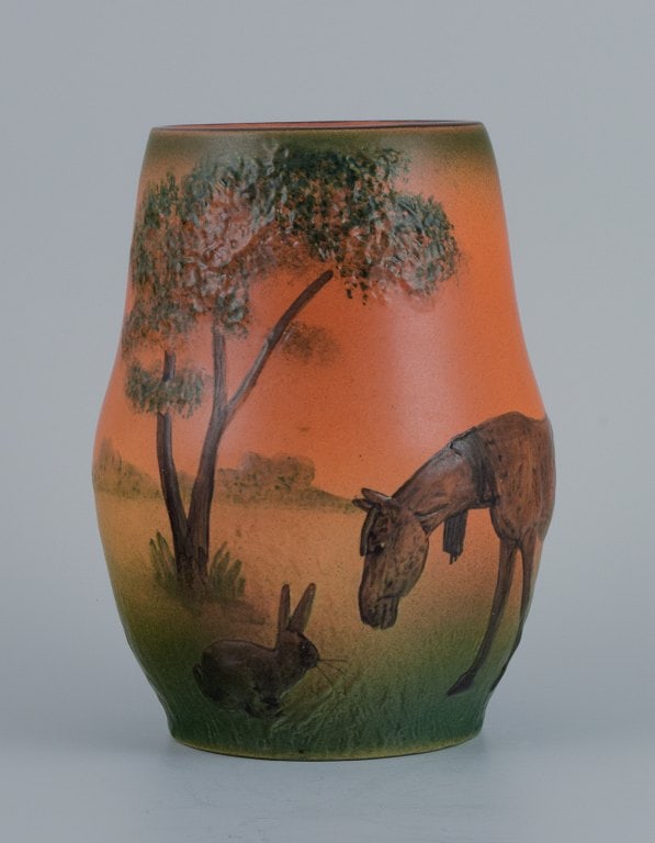 Ipsens Enke, vase with horse and hare.: Ipsens Enke, vase with horse and hare. Design J. Resen Steenstrup 1909. Marked. In perfect condition. Dimensions: H 18.0 x D 12.0 cm. Reserve: $210.00 Shipping: Domestic: Shipping rates are