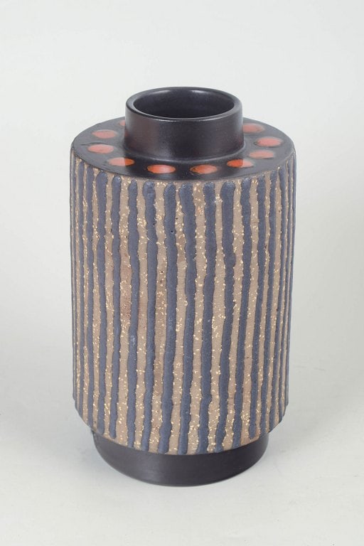 Mari Simmulson for Upsala Ekeby, Sweden. Cylindrical ceramic vase with vertical relief stripes. (1 of 4)