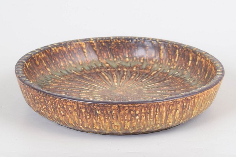 Gunnar Nylund for Rörstrand, Sweden. Round stoneware dish with birch tree glaze. Mid-20th (1 of 4)