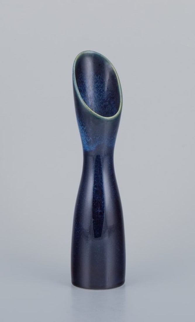 Stig Lindberg for Gustavsberg, Sweden. Modernist ceramic vase, glaze in blue shades. 1960s.: Stig Lindberg for Gustavsberg. Modernist ceramic vase, glaze in blue shades. 1960s. Marked and with label. Perfect condition. Dimensions: H 28.0 cm x D 6.3 cm.; Stig Lindberg for Gustavsberg. Modernis