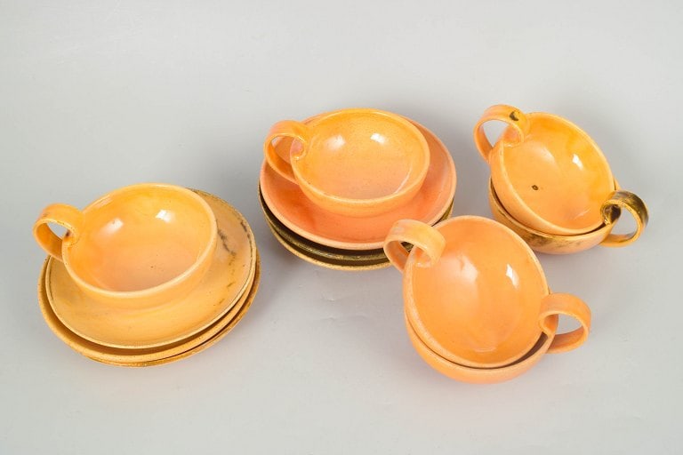 Kähler, Denmark. Set of six ceramic teacups with matching saucers with golden-brown and yellow - 2