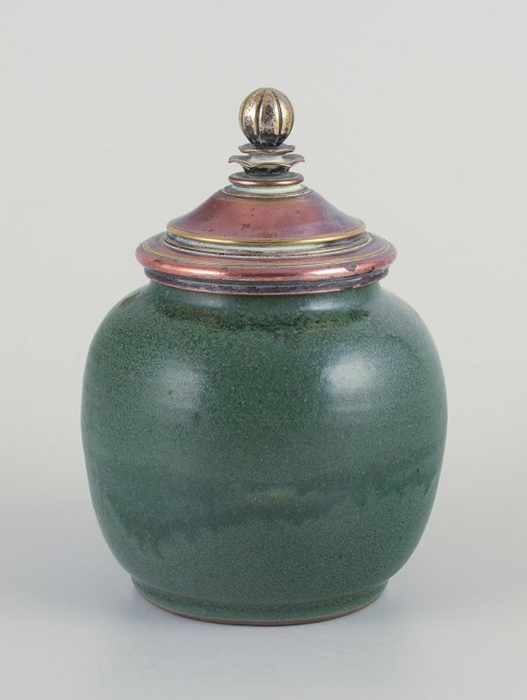 Likely Danish ceramicist. Unique lidded ceramic jar. Brass and bronze lid. Circa 1930s. (1 of 9)