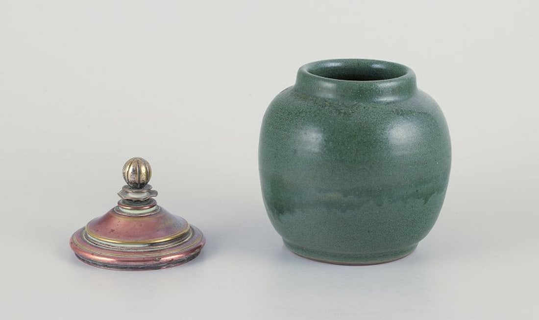 Likely Danish ceramicist. Unique lidded ceramic jar. Brass and bronze lid. Circa 1930s. - 3