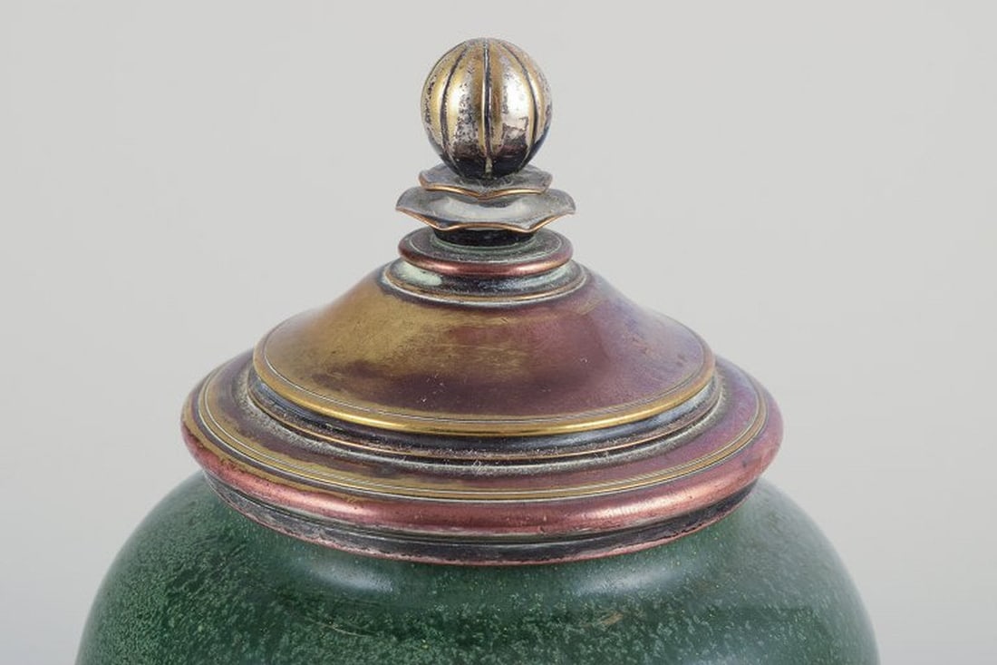 Likely Danish ceramicist. Unique lidded ceramic jar. Brass and bronze lid. Circa 1930s. - 4
