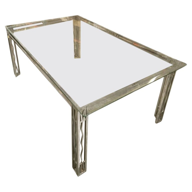 Art Deco Chromed Bronze and Glass Dining Table or Desk: Beautiful vintage chromed bronze Art Deco dining table or desk. Includes glass top. Good structural condition with some scuffs/marks - see photos for details. We can restore this piece to original bro