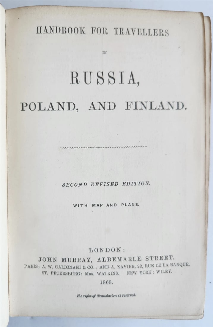 1868 HANDBOOK for TRAVELLERS in RUSSIA POLAND FINLAND antique ILLUSTRATED w/ MAP: Title: 1868 HANDBOOK for TRAVELLERS in RUSSIA POLAND FINLAND antique ILLUSTRATED w/ MAP Description: Murray's Handbook for travellers in RUSSIA, POLAND & FINLAND with map and plans London: John Murray