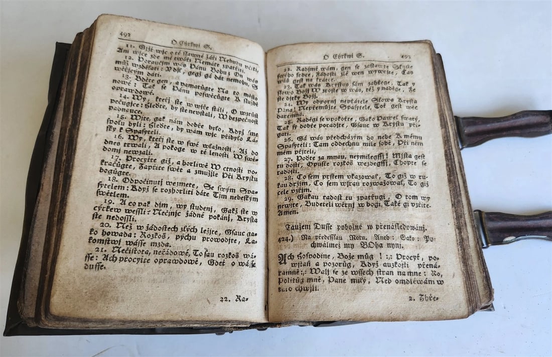 1803 DEVOTIONAL BOOK in CZECH LANGUAGE antique DECORATIVE BRASS BINDING w/CLASPS - 10