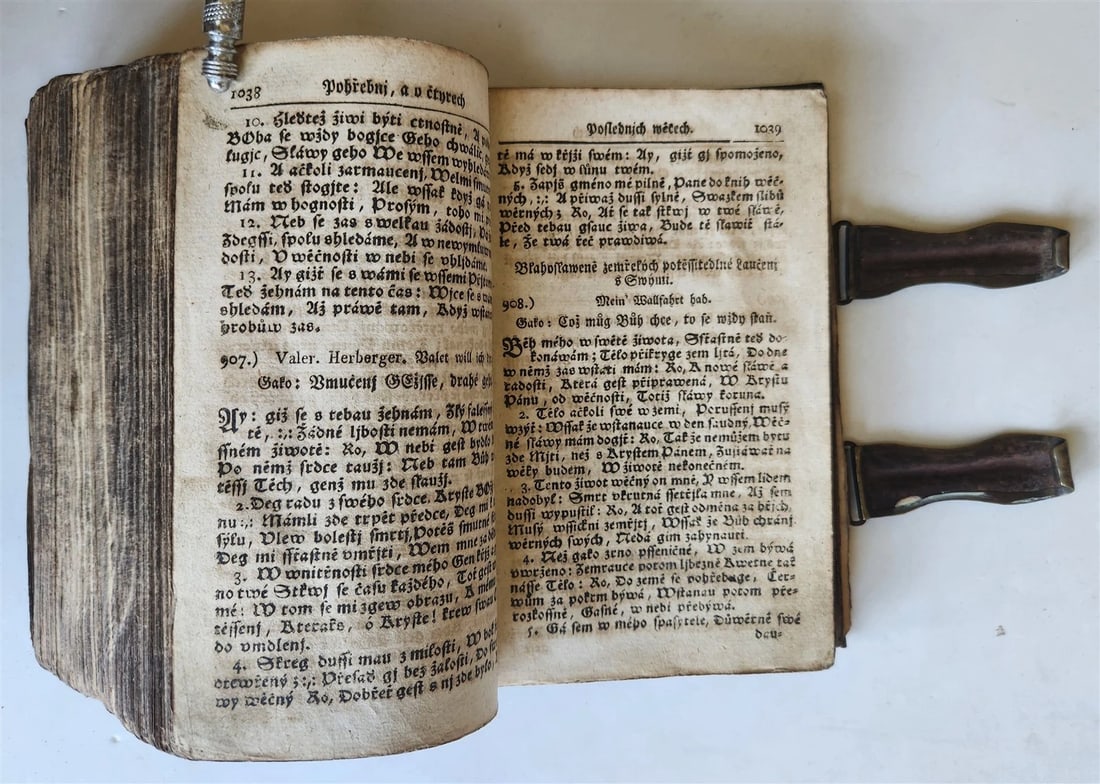 1803 DEVOTIONAL BOOK in CZECH LANGUAGE antique DECORATIVE BRASS BINDING w/CLASPS - 12