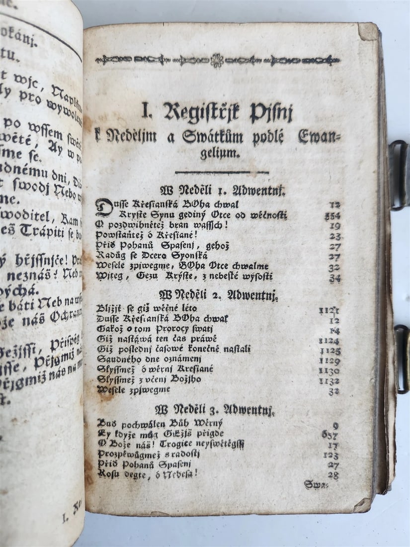 1803 DEVOTIONAL BOOK in CZECH LANGUAGE antique DECORATIVE BRASS BINDING w/CLASPS - 13