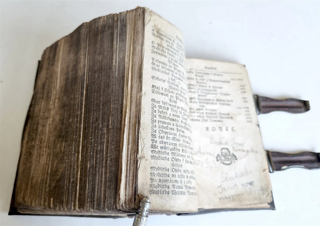 1803 DEVOTIONAL BOOK in CZECH LANGUAGE antique DECORATIVE BRASS BINDING w/CLASPS - 14