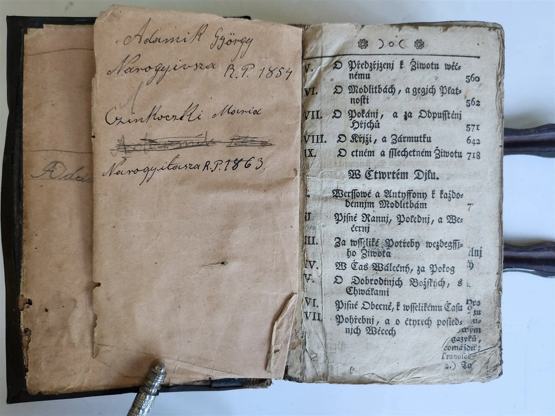 1803 DEVOTIONAL BOOK in CZECH LANGUAGE antique DECORATIVE BRASS BINDING w/CLASPS - 7