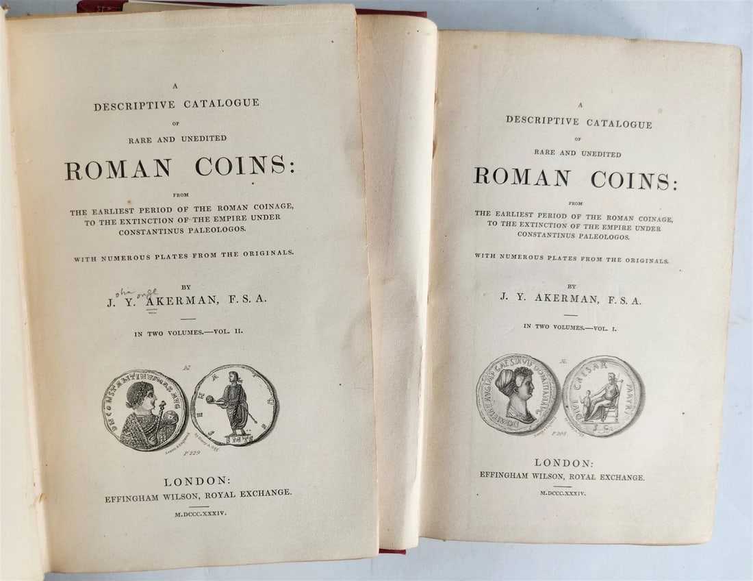 1834 DESCRIPTIVE CATALOGUE of RARE ROMAN COINS by AKERMAN antique ILLUSTRATED: Title: 1834 DESCRIPTIVE CATALOGUE of RARE ROMAN COINS by AKERMAN antique ILLUSTRATED Description: A Descriptive Catalogue of Rare and Unedited Roman Coins. From the Earliest Period of the Roman Coinag