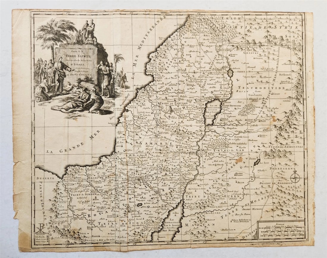 1707 BIBLICAL MAP of HOLY LAND Divided according to12 Tribes of Israel antique: Title: 1707 BIBLICAL MAP of HOLY LAND Divided according to12 Tribes of Israel antique Description: CARTE DE LA TERRE SANTE Divisee selon les Douze Tribus D'ISRAEL (Map of the Holy Land Divided accordi