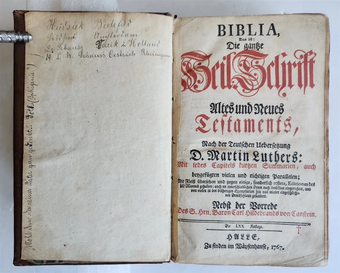 1767 BIBLE in GERMAN antique OLD & NEW TESTAMENT Canstein octavo M.LUTHER Bible - 5