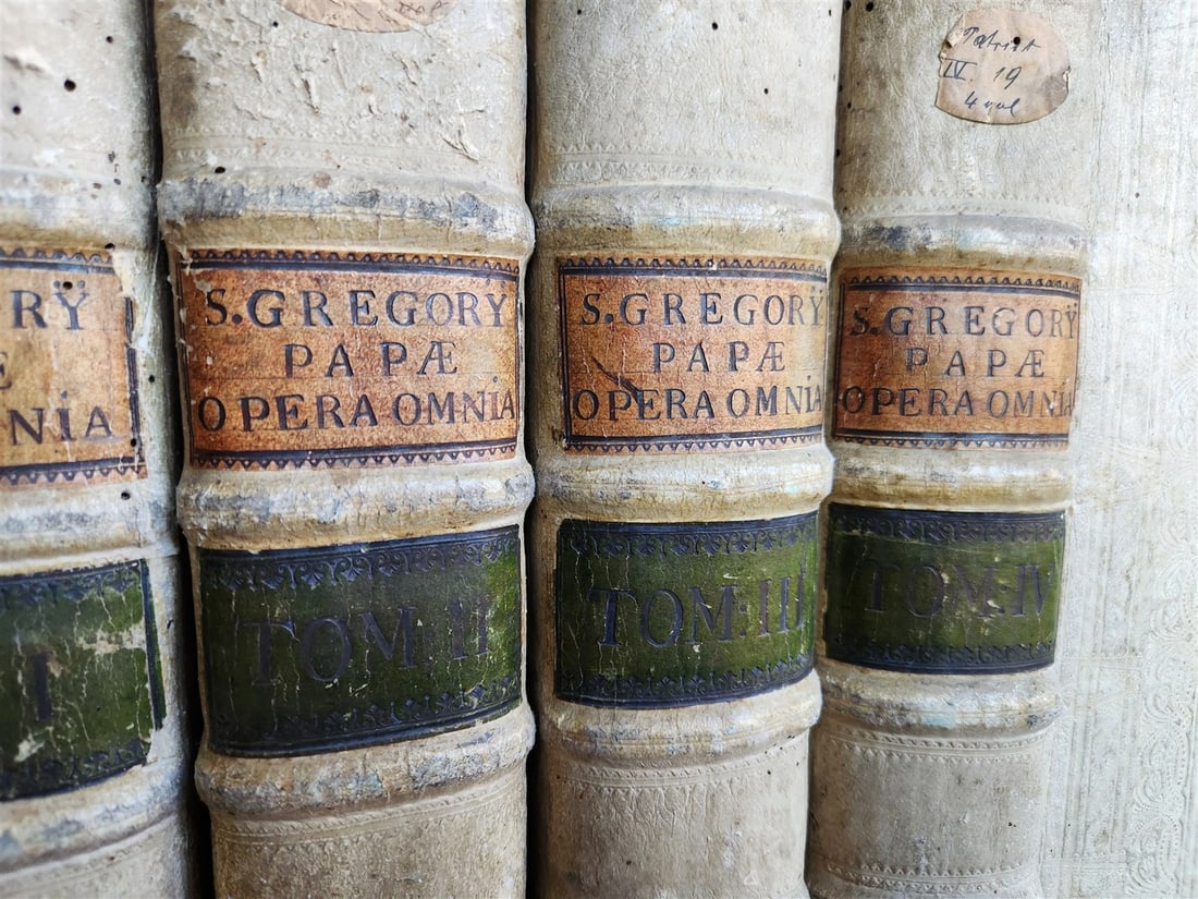 1705 ORDER of ST. BENEDICT WORKS SANCTI GREGORII 4 PIGSKIN FOLIO VOLS ANTIQUE - 2