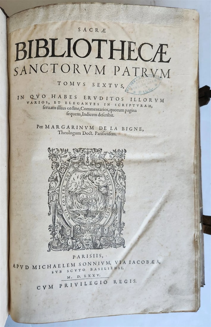 1575 Sacrae bibliothecae sanctorum patrum PIGSKIN BOUND FOLIO 16th cent. ANTIQUE: Title: 1575 Sacrae bibliothecae sanctorum patrum PIGSKIN BOUND FOLIO 16th cent. ANTIQUE Description: Margarinum de La Bigne Sacrae bibliothecae sanctorum patrum. Paris, for Michel Sonnius; 1575 2 volu