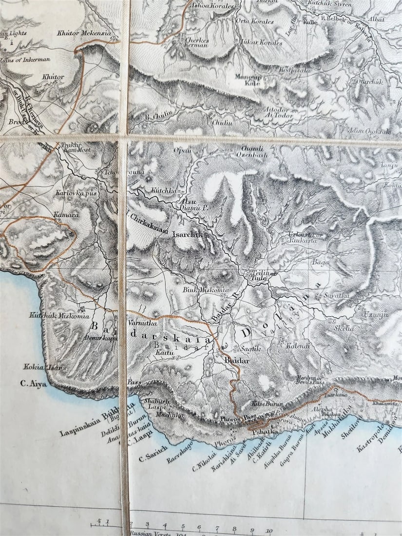1854 SOUTHERN PORTION of CRIMEA antique MAP on CANVAS RUSSIAN TURKISH WAR ERA - 10