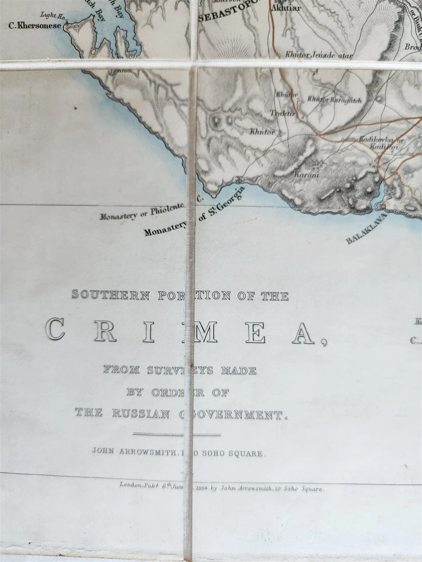 1854 SOUTHERN PORTION of CRIMEA antique MAP on CANVAS RUSSIAN TURKISH WAR ERA - 4