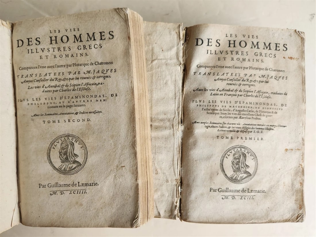 1594 PLUTARQUE Lives of Illustrious Greeks & Romans 2 VOLS antique ILLUSTRATED - 2