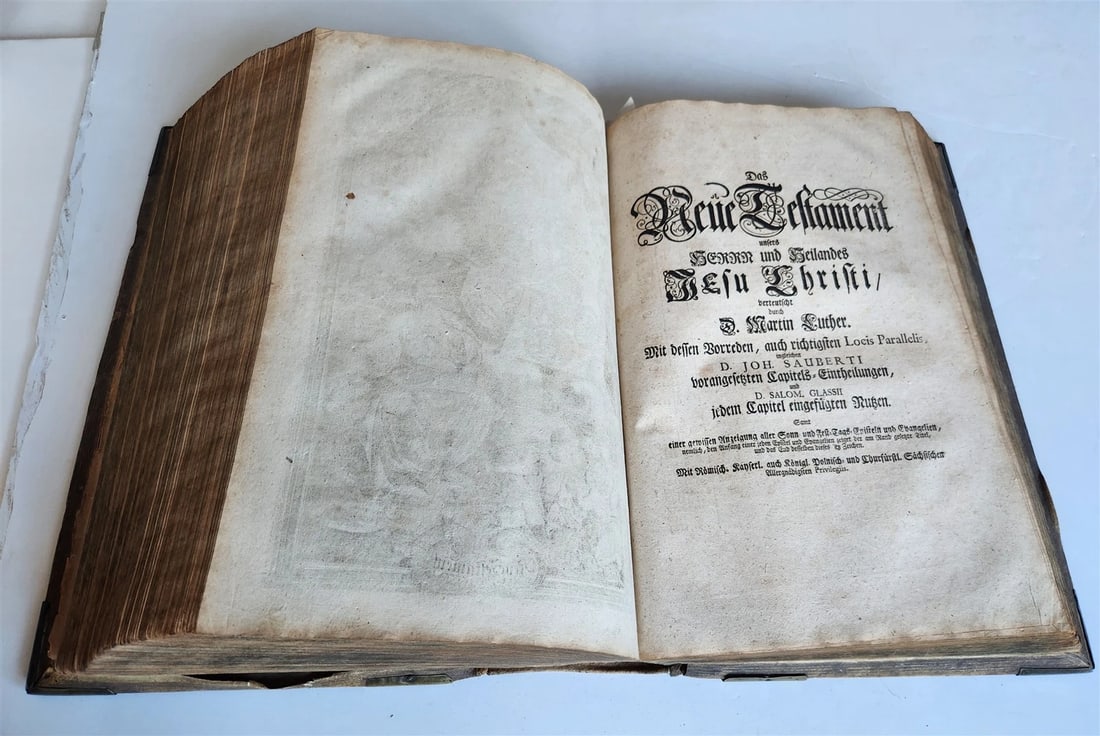 1755 BIBLE in GERMAN ANTIQUE illustrated PIGSKIN MASSIVE FOLIO w/ BRASS CORNERS - 15