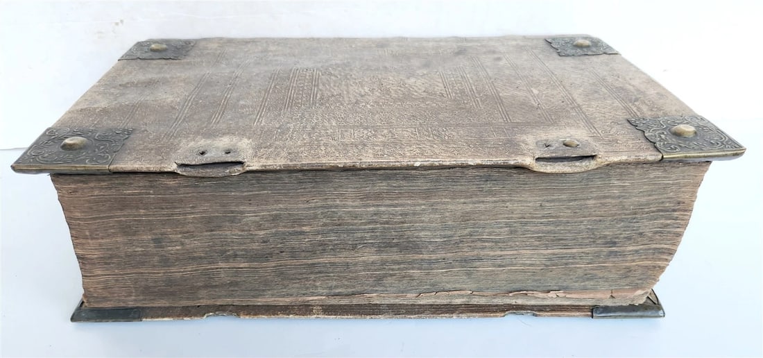 1755 BIBLE in GERMAN ANTIQUE illustrated PIGSKIN MASSIVE FOLIO w/ BRASS CORNERS - 3