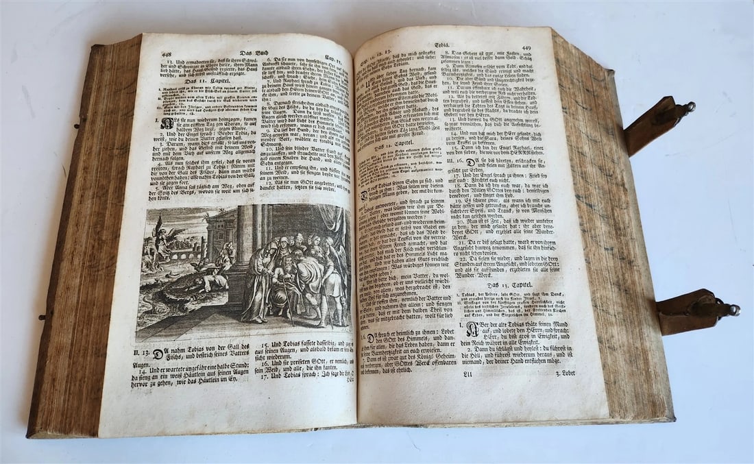 1763 BIBLE in GERMAN antique PIGSKIN BOUND FOLIO ILLUSTRATED w/ 212 ENGRAVINGS - 12