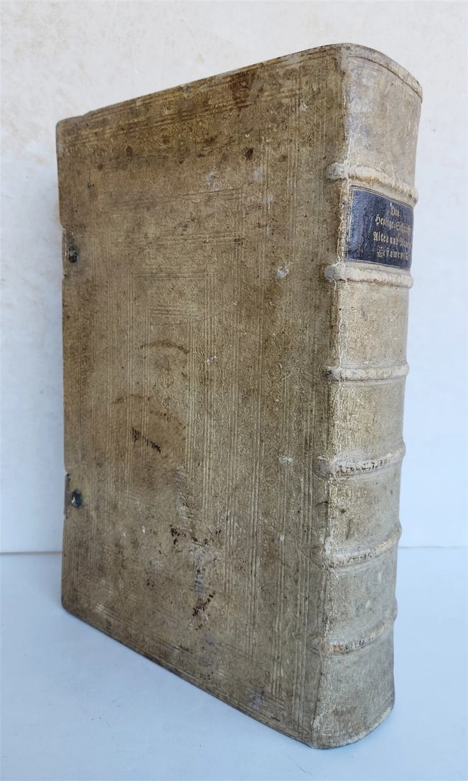1763 BIBLE in GERMAN antique PIGSKIN BOUND FOLIO ILLUSTRATED w/ 212 ENGRAVINGS (1 of 20)