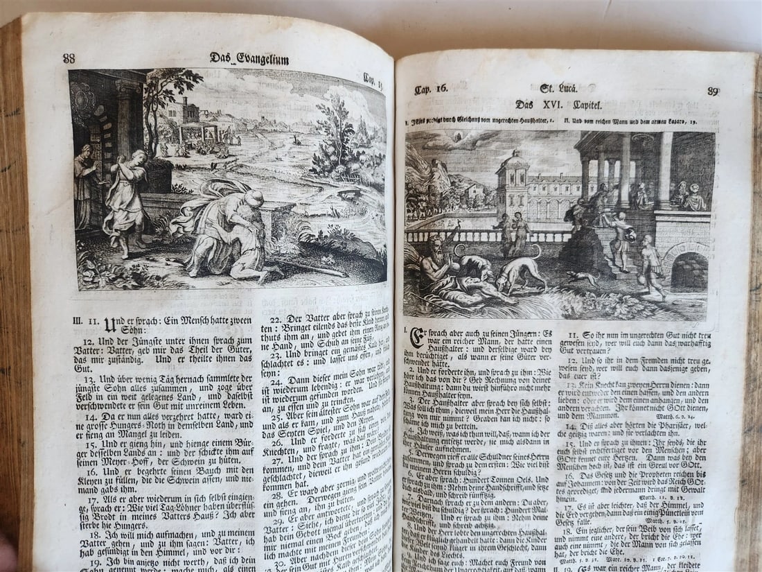 1763 BIBLE in GERMAN antique PIGSKIN BOUND FOLIO ILLUSTRATED w/ 212 ENGRAVINGS - 20