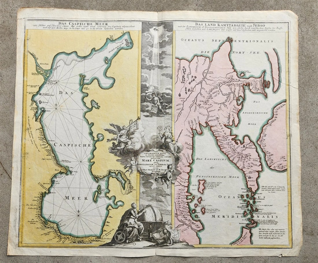 1730 CASPIAN SEA & KAMCHATKA antique MAP Russia by HOMANN HEIRS: Title: 1730 CASPIAN SEA & KAMCHATKA antique MAP Russia by HOMANN HEIRS Description: Geographica Nova MARE CASPIUM, altera KAMTZADALIAM seu TERRAM JEDSO (Caspian Sea and Northeastern Russia and Kamtcha