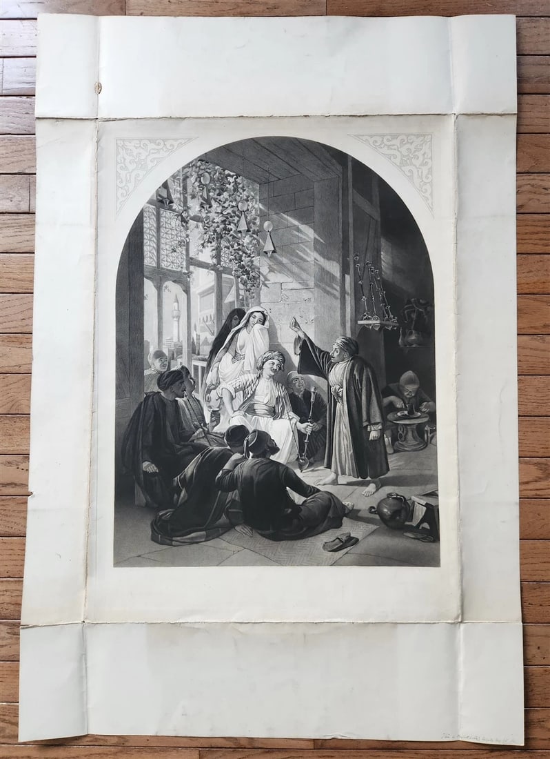 c.1867 ARABIAN NIGHTS LARGE ENGRAVING antique DAMASCUS STORY TELLER 27 x 40" - 2