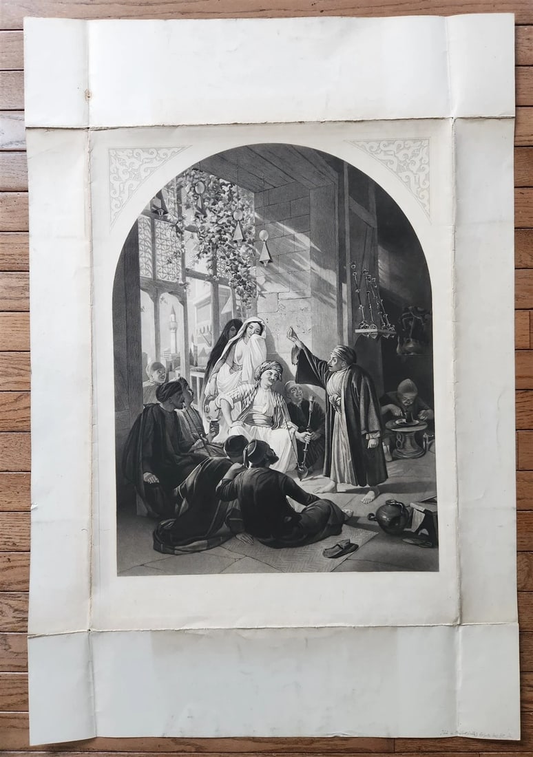 c.1867 ARABIAN NIGHTS LARGE ENGRAVING antique DAMASCUS STORY TELLER 27 x 40" - 4