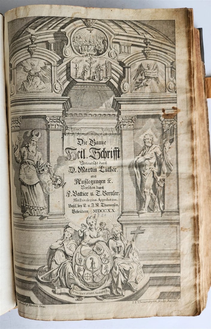 1736 SWISS LUTHER BIBLE antique PIGSKIN BOUND FOLIO w/ BRASS FITTINGS & CLASPS - 8