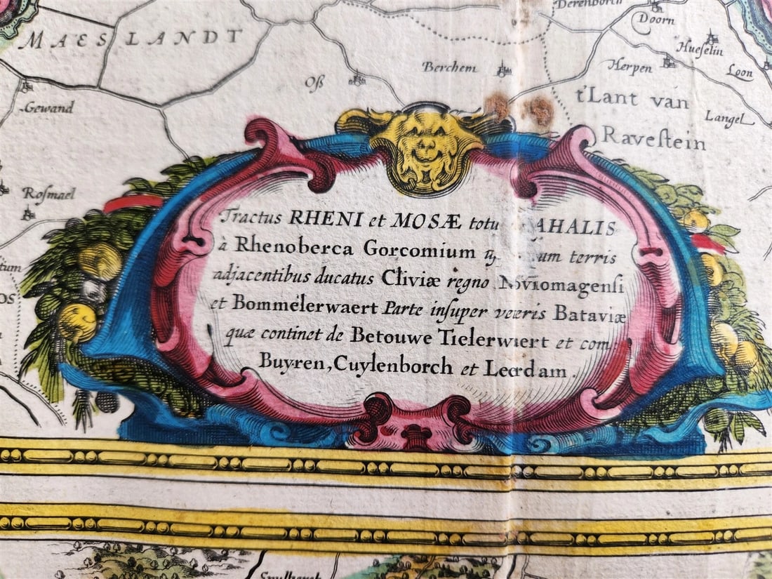 1640 MAP of RHINE RIVER REGION NETHERLANDS by WILLEM BLAEU antique AUTHENTIC - 3