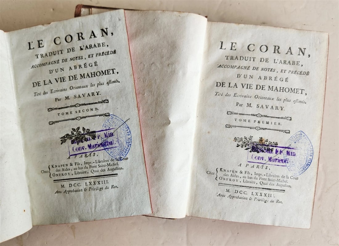 1783 KORAN in FRENCH 2 VOLUMES antique QURAN 1st EDTION by Claude-Etienne Savary: Title: 1783 KORAN in FRENCH 2 VOLUMES antique QURAN 1st EDTION by Claude-Etienne Savary Description: LE CORAN traduit de l'arabe, accompagné de notes, et precede d'an abrege de la vie de Mahomet,