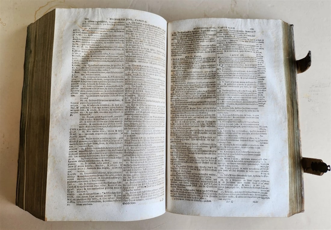 1737 BIBLE in GERMAN & LATIN antique MASSIVE FOLIO PIGSKIN BOUND 10 x 15" - 11
