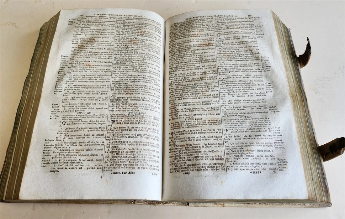 1737 BIBLE in GERMAN & LATIN antique MASSIVE FOLIO PIGSKIN BOUND 10 x 15" - 7