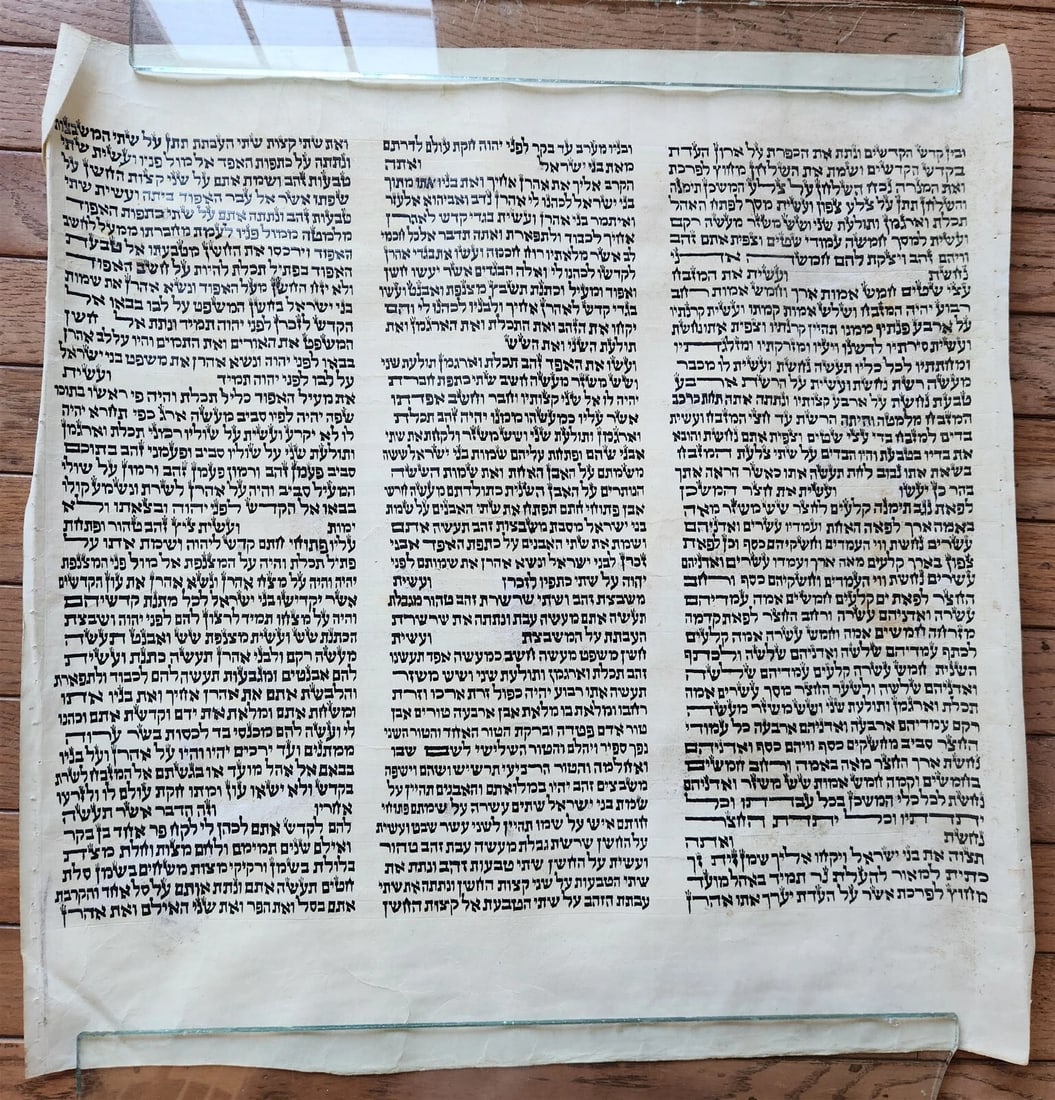 TORAH SCROLL FRAGMENT MANUSCRIPT on VELLUM antique BIBLE EXODUS 26:33-29:4: Title: TORAH SCROLL FRAGMENT MANUSCRIPT on VELLUM antique BIBLE EXODUS 26:33-29:4 Description: Size 20 x 21" EXODUS 26:33-29:4 -------------------- Reserve: $98.00 Shipping: Domestic: Flat-rate of