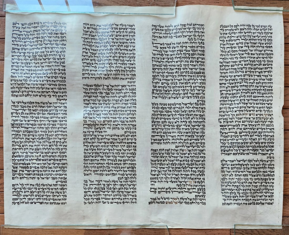 TORAH SCROLL FRAGMENT MANUSCRIPT on VELLUM antique BIBLE EXODUS 12:5-14:28: Title: TORAH SCROLL FRAGMENT MANUSCRIPT on VELLUM antique BIBLE EXODUS 12:5-14:28 Description: Size 23 x 24 1/4" EXODUS 12:5-14:28 -------------------- This chapter reveals the main theme of