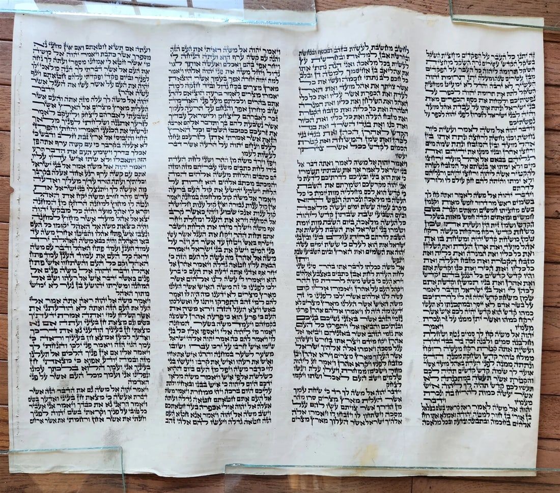 TORAH SCROLL FRAGMENT MANUSCRIPT on VELLUM antique BIBLE EXODUS 30:13-33:19: Title: TORAH SCROLL FRAGMENT MANUSCRIPT on VELLUM antique BIBLE EXODUS 30:13-33:19 Description: Size 23 1/3 x 26" EXODUS 30:13-33:19 -------------------- In Exodus 30:13-33:19, the Bible describes