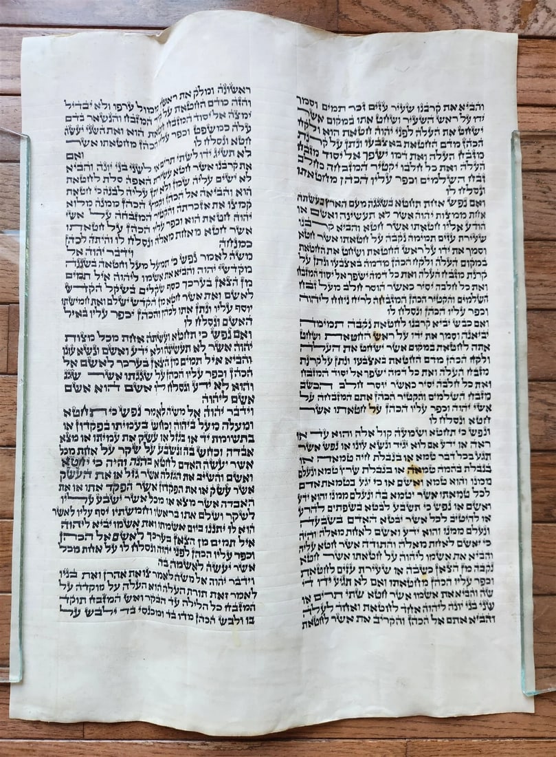 TORAH SCROLL FRAGMENT MANUSCRIPT on VELLUM antique BIBLE LEVITICUS 4:23-6:3: Title: TORAH SCROLL FRAGMENT MANUSCRIPT on VELLUM antique BIBLE LEVITICUS 4:23-6:3 Description: Size 16.5 x 21 3/4" LEVITICUS 4:23-6:3 -------------------- Leviticus 4:23-6:3 is about sin offerings an