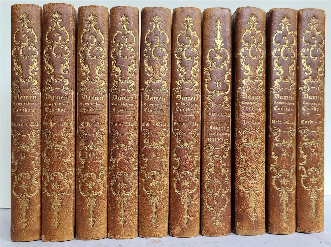 1834 LADIES CONVERSATIONAL LEXICON 10 VOLUMES ILLUSTRATED antique DECORATIVE: Title: 1834 LADIES CONVERSATIONAL LEXICON 10 VOLUMES ILLUSTRATED antique DECORATIVE Description: Herlosssohn,K. Damen Conversations Lexikon. (Ladies conversational lexicon) 10 volumes Leipzig, Volckma