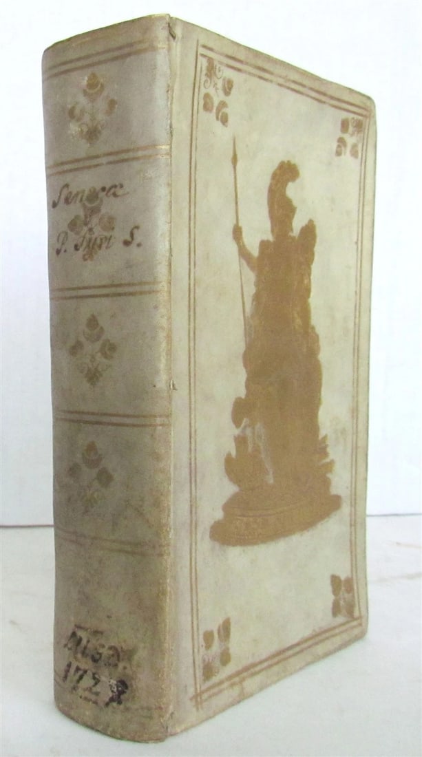 1727 SENECA in LATIN & GREEK antique GILT STAMPED PRIZED VELLUM BINDING - 2