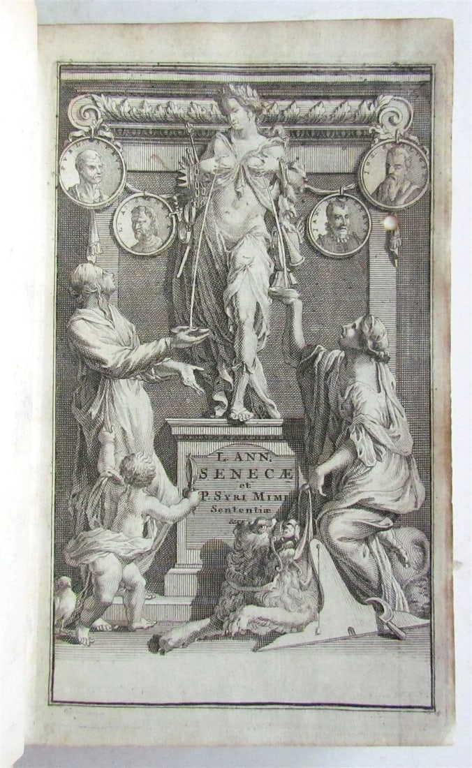 1727 SENECA in LATIN & GREEK antique GILT STAMPED PRIZED VELLUM BINDING - 3